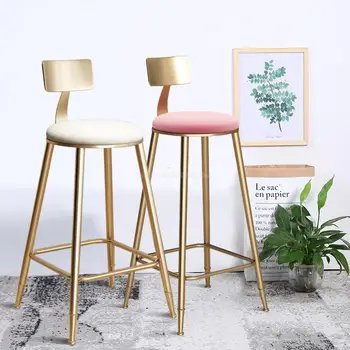 

1pcs Pink Nordic Golden Metal High Feet Bar Chair Casual Stool Simple Durable Stable Cafe Armchair with Soft Cushion Anti-slip