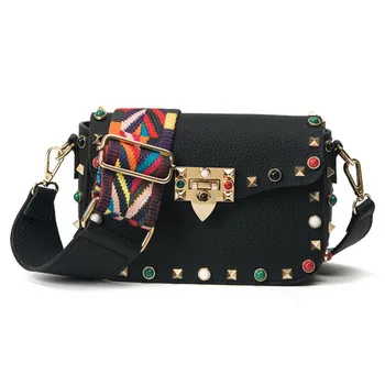 

SHYAA Ladies Bag 2020 New Color Wide Shoulder Strap Female Bag Retro Turquoise Rivet Small Square Bag Women Crossbody Bag