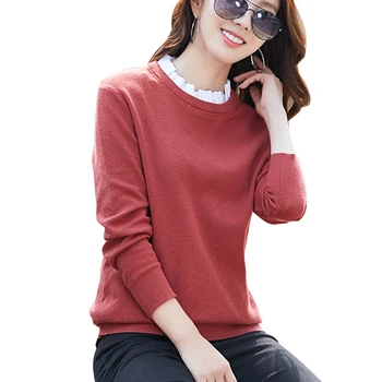 

Round collar Patchwork Faux Two Piece sweater women pullover Black Brick red sweater basic slim Knitted Shirts Women sweater
