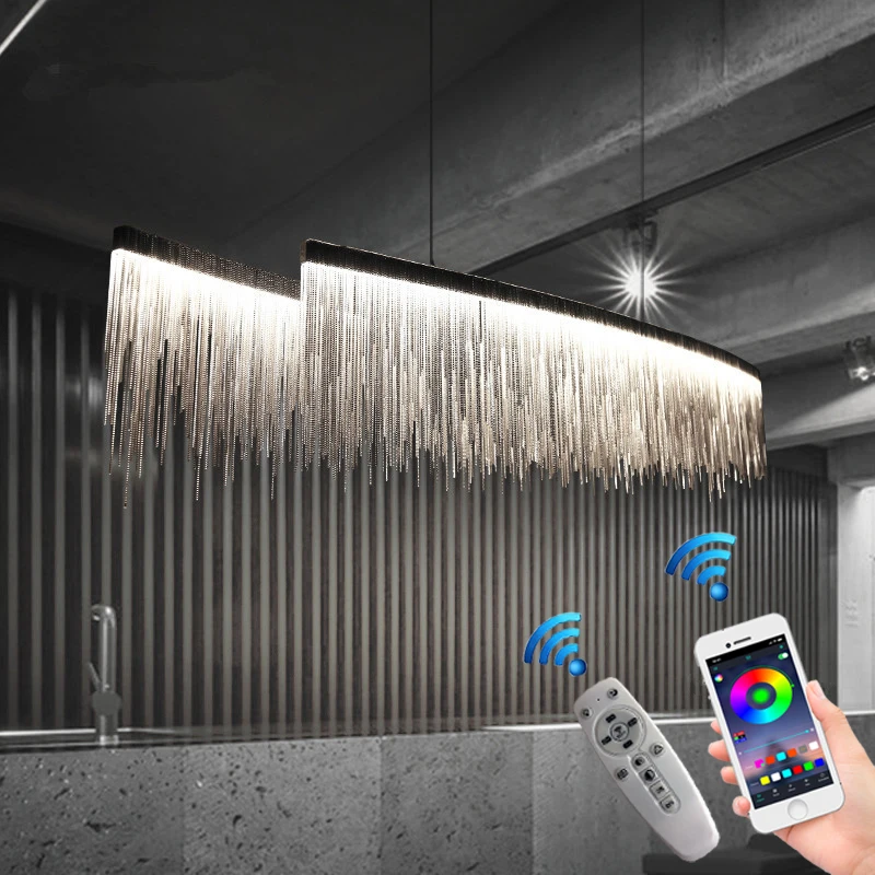 Remote Modern Three Grades Lamp Intensity Tassel Chandelier Nordic Restaurant Luxury Hotel Engineering Chain Living Lighting