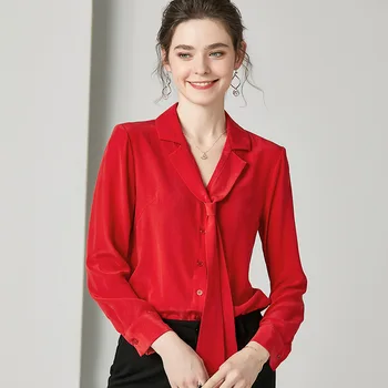 

Spring Red Pure Silk Blouse Suit Collar Ribbons Women Long Sleeve Shirt Office Ladies Work Tops Casual Loose Clothes Chic blusas