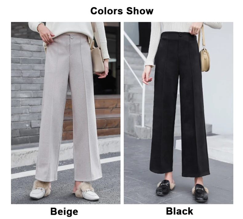 Ankle-Length Women Woolen Pants Wide Leg Pant 2019 New Fashion Autumn Winter Wear High Waist Loose Female Black Beige Trousers (6)