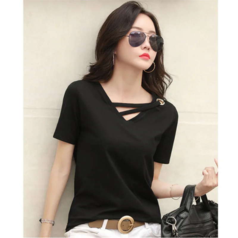 New summer short sleeve women white t-shirt women V-neck loose Korean black top casual compassionate trend t shirt women
