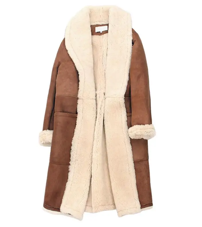 Winter Fashion Women Ladies Sheep Skin Suede Leather Wool Long Coat Outdoor Warm Parka Trench Coat Overcoat Fur Coat Tops