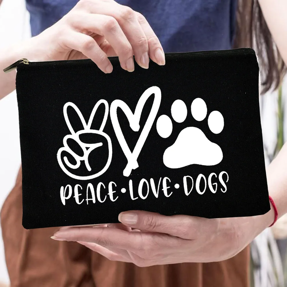 Peace Love Dogs Print Women Cosmetic Bags Love My Dog Cute Paws Zipper Makeup Pouch Travel Toiletry Organizer Bag Large Capacity 5