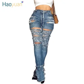 

HAOYUAN Camo Black Plus Size Ripped Jeans for Women Sexy High Waist Bell Bottom Jeans Skinny Trousers Vintage Denim Flare Pant
