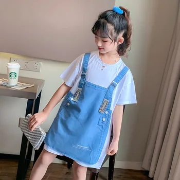 

Denim Patchwork Suspenderd Dresses Kids White Long T Shirts Dress Little Big Girls Casual Summer Dresses Children Clothing 5-17Y
