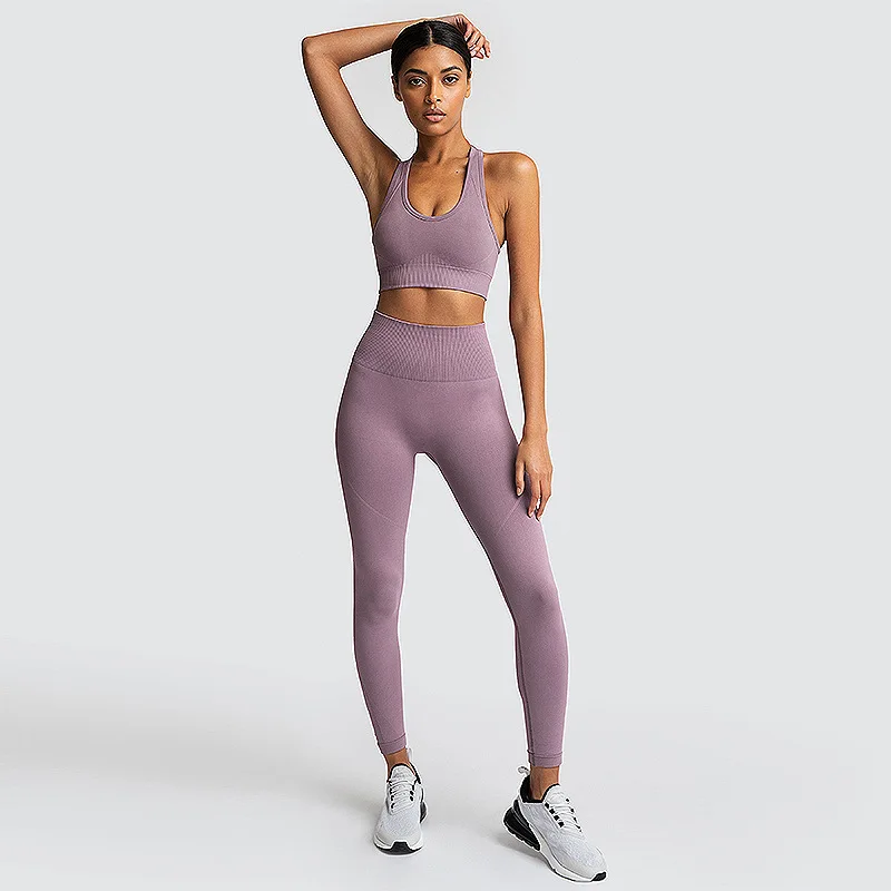 Бесшовный комплект для спортзала, нейлоновая женская спортивная одежда, 2 предмета, леггинсы для упражнений, мягкие спортивные бюстгальтеры, женская одежда для фитнеса, комплекты для йоги, спортивные костюмы L - Цвет: Light Purple