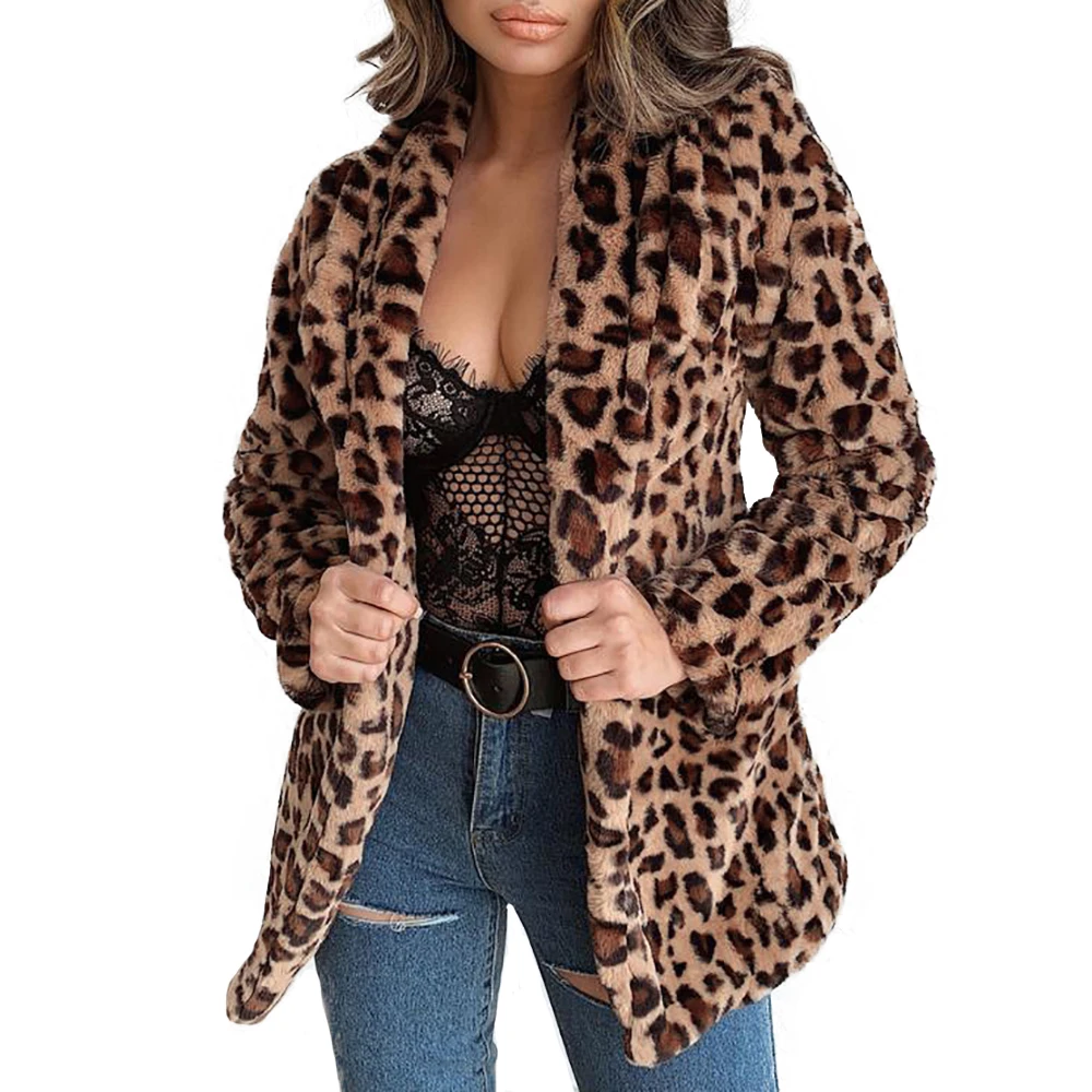 

Winter Coat Women Leopard Print Faux Fur Coat Single Breasted Fur Jacket Fashion Casual Slim Coat Female Mid-Long Fur Jacket D25