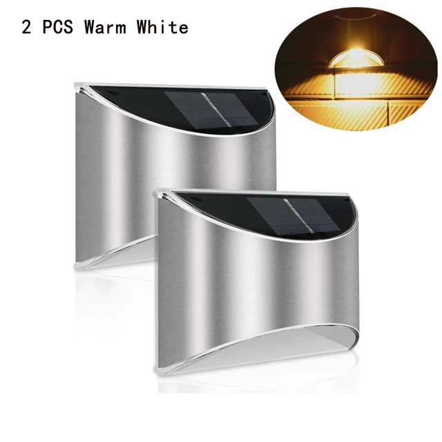 LED Decorative Outdoor Solar Cell Lights Powered Wall Lamp Patio Step Emergency Lighting For Garden Fence and Street Garland 2PCS Warm white