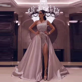 

2019 New Arrival Violet Sequin Fashion Long Maxi Dress Two 2 pieces High Split Sexy One Shoulder Luxury Evening Celebrity Party
