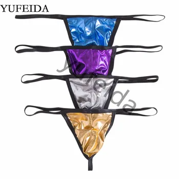 

YUFEIDA 4PCS/Lot Sexy Men Underwear G-string Faux Leather Low Waist Underpants Men Thongs Tangas Pouch Jockstrap T-back Thongs