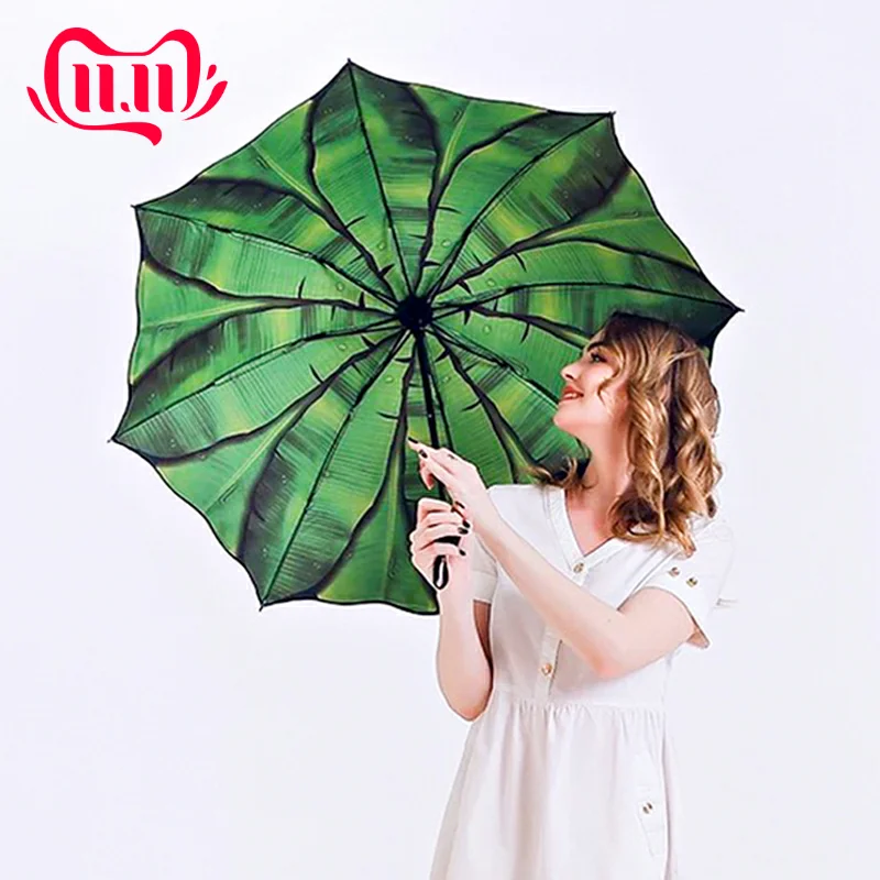 

Banana Leaf Three Folding Umbrella For Women Black Coating Anti-UV Sunscreen Parasol Windproof Dual-use Sunny And Rain Umbrellas