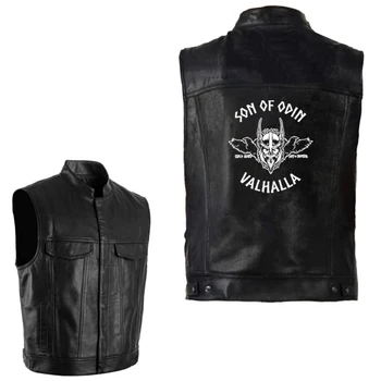 

Odin Vikings Son Of Odin Valhalla Leather PU Jacket Vest Mens Sleeveless Punk Pocket Brand Motorcycle Waistcoat Coats Streetwear