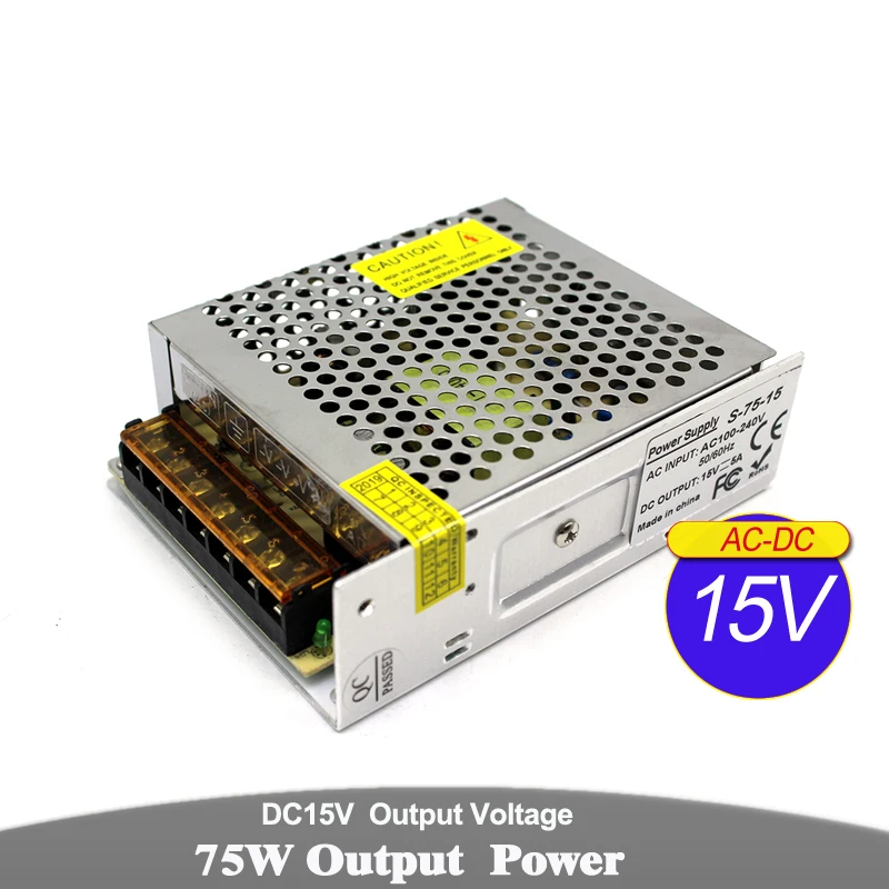 

Universal 15V 5A 75W Switch Power Supply Driver Switching Power Source 110V 220V AC-DC SMPS For LED Strip Light Display CCTV