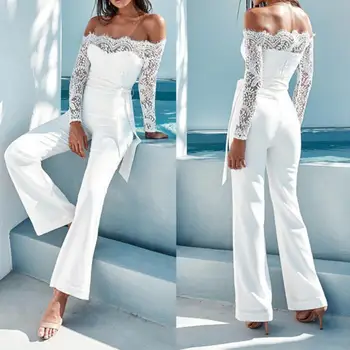 

Off Shoulder Sexy Women Lace Patchwork Long Sleeve Bandage Flare Pants Jumpsuit enhance your elegance perfect gifts for you