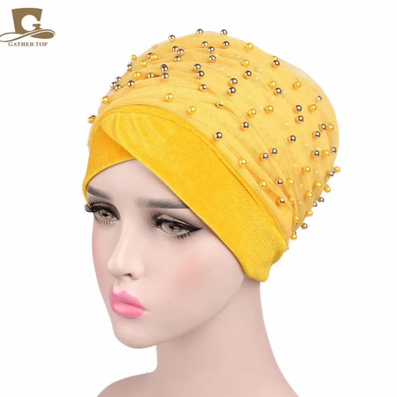 Yellow 3D цветок из бисера длинный бархатный тюрбан головной убор нигерийский тюрбан стильный головной платок для женщин Африка хиджаб дамы тюрбан - Цвет: Yellow