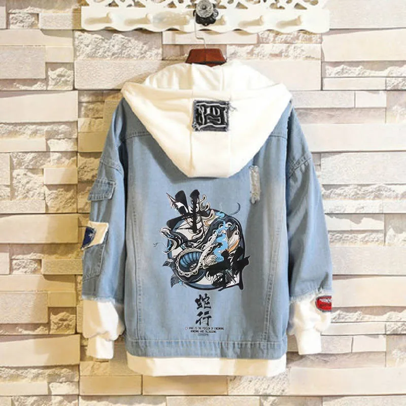 Мужская джинсовая куртка с капюшоном осенняя уличная бомбер имитацией двух