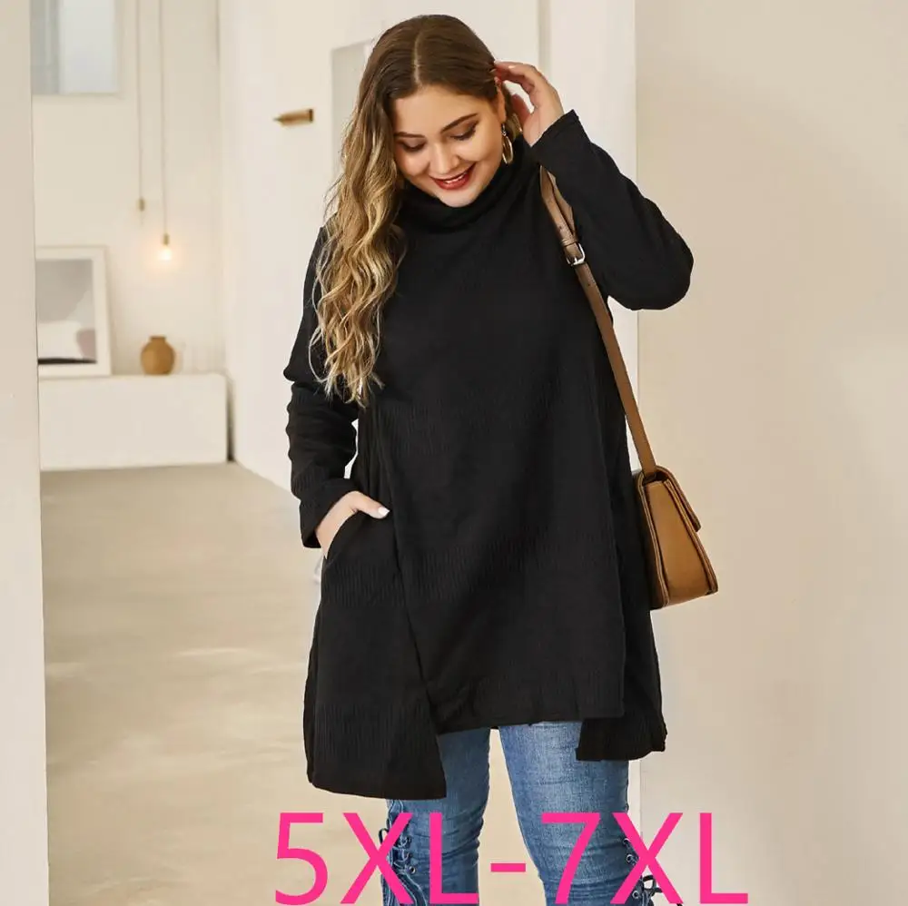 autumn winter plus size tops pullover for women large thick loose cotton high collar long sweater black 4XL 5XL 6XL 7XL
