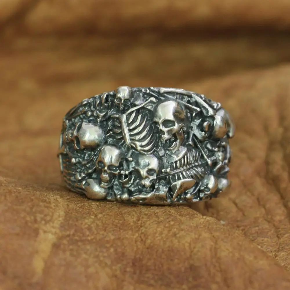 

925 Sterling Silver Skulls Grave Ring Mens Biker Rock Punk Ring TA257 US Size 7 to 15