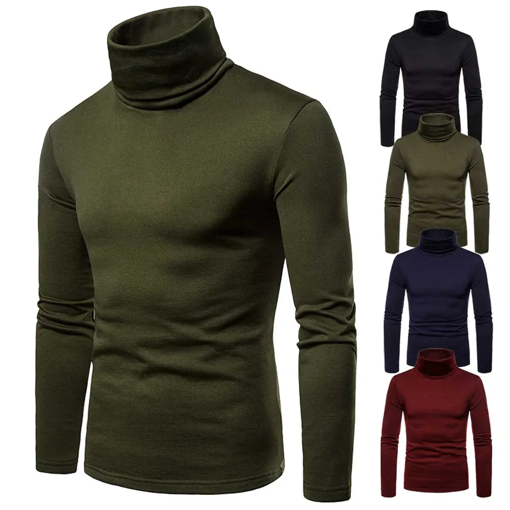 Suéteres de cuello alto para hombre, suéteres de manga larga, lisos, elásticos, informales, Tops básicos, otoño e invierno