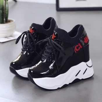 

Women's Vulcanized Sneakers 2020 Breathable PU Leather Shoes Women Platform Height Increased Shoes 12 CM Thick Sole White Shoes