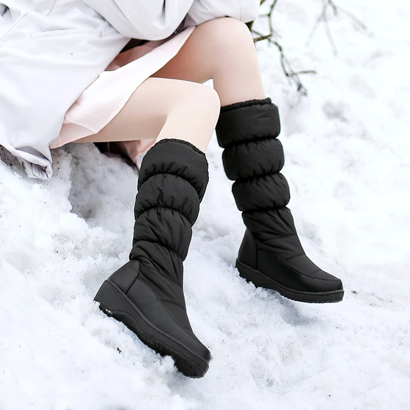 Г., новые модные зимние женские сапоги до середины икры на меху модные сапоги на плоской подошве с круглым носком, x271