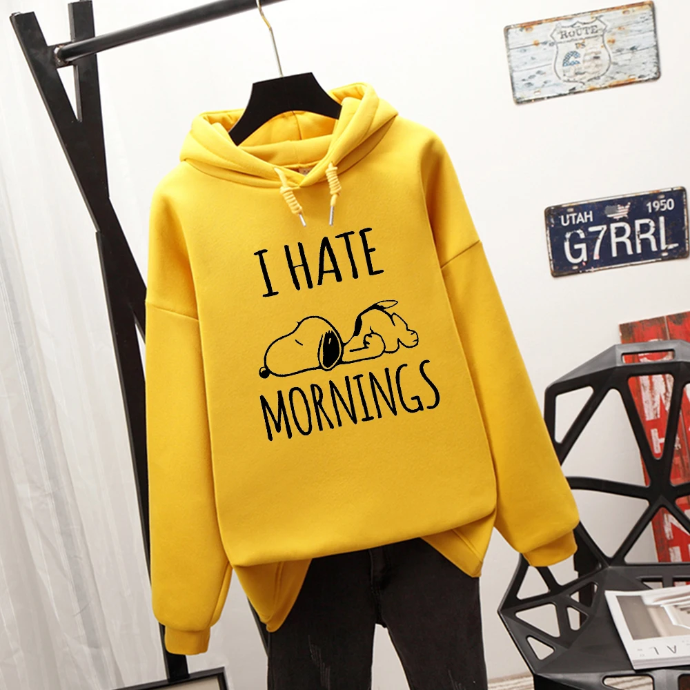 Толстовка с капюшоном с надписью «I Hate Mornings» и надписью «Sleeping Cute Dog»; Kawaii; толстовка в стиле Харадзюку; уличная одежда; теплая Женская толстовка в Корейском стиле - Цвет: Цвет: желтый