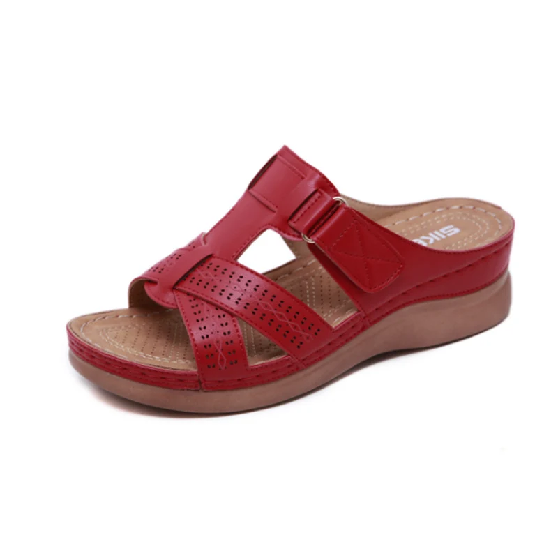 Женские Летние удобные сандалии с открытым носком; очень мягкие ортопедические сандалии премиум-класса на низком каблуке для прогулок; Прямая ; корректор для пальцев ног; Cusion - Цвет: Red