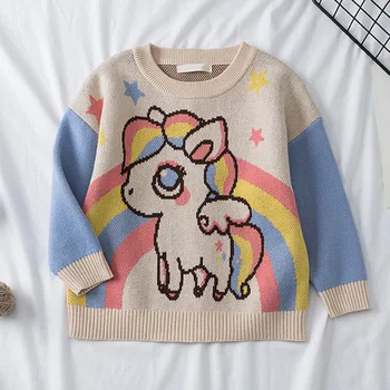 

2020 New Children Costumes Kids Autumn New Casual Sweaters Boys Rainbow Unicorn Pattern Clothes Girl Winter Knitted Tops