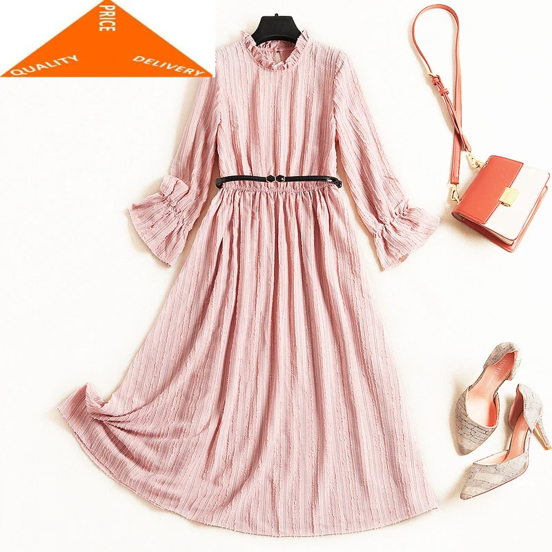 Dress Women Maxi Autumn Spring Clothes 2020 Vintage Ladies Pink Long Dresses Elegant Ruffle Robe Vestidos De Verano L557 | Женская
