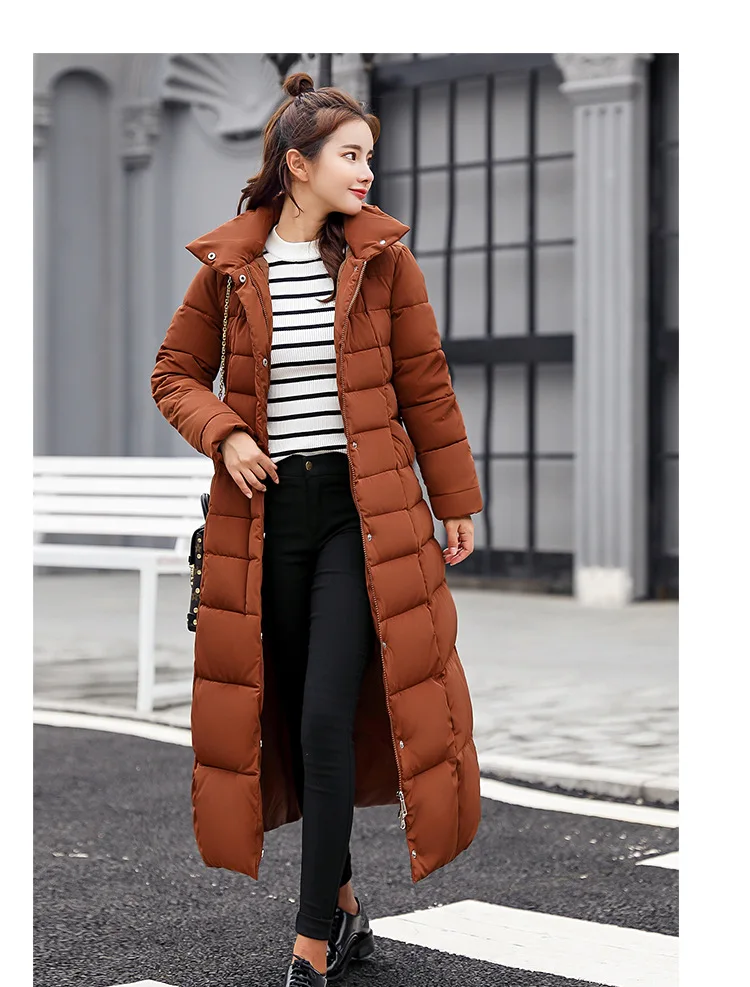 Новые модные корейские супер длинные пальто Famale Slim cap с рукавами теплое хлопковое пальто Дамская пуховая парка Женский Цветной воротник большой
