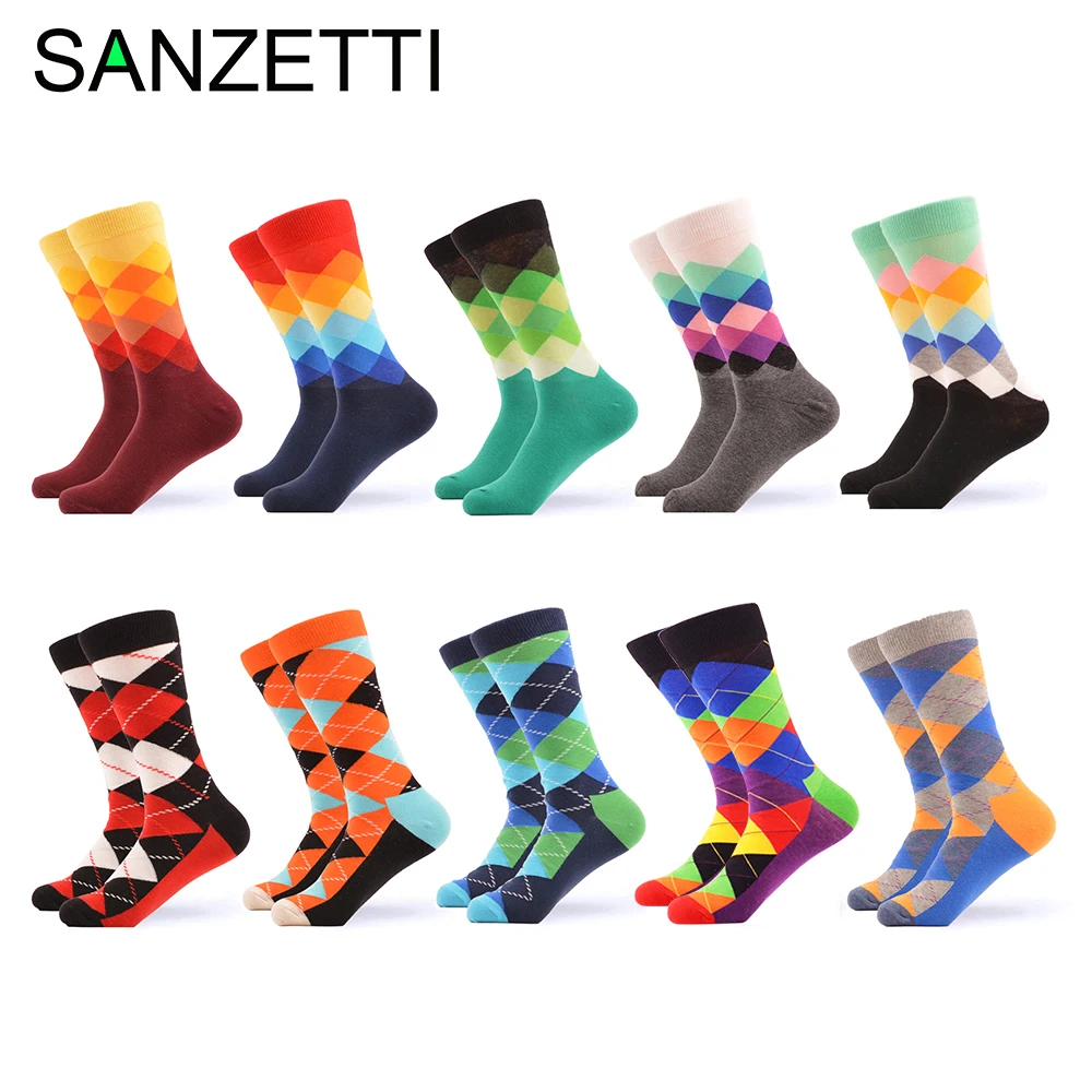 

SANZETTI 10 Pairs/Lot 2020 Hot Sale Men Crew Socks Fashion Design Plaid Geometry Diamond Business Party Dress Male Socks