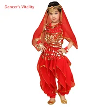 Детская одежда для танца живота 6шт(топ+ брюки+ пояс+ головной убор+ вуаль+ браслеты) индийская одежда для девочек костюм для танца живота