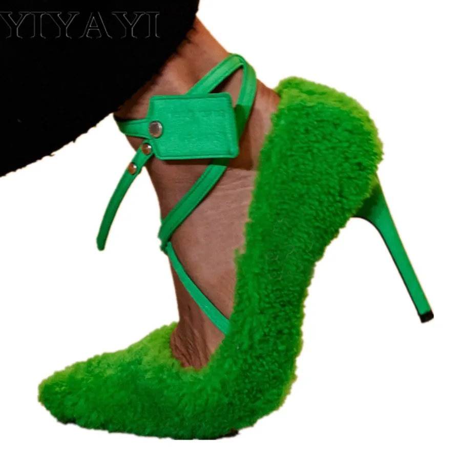 Cross Strap Fur Thin High Heels Pumps Women Sexy Pointed Toe Party Shoes Fashion Design Shallow Single Sapato Feminino |