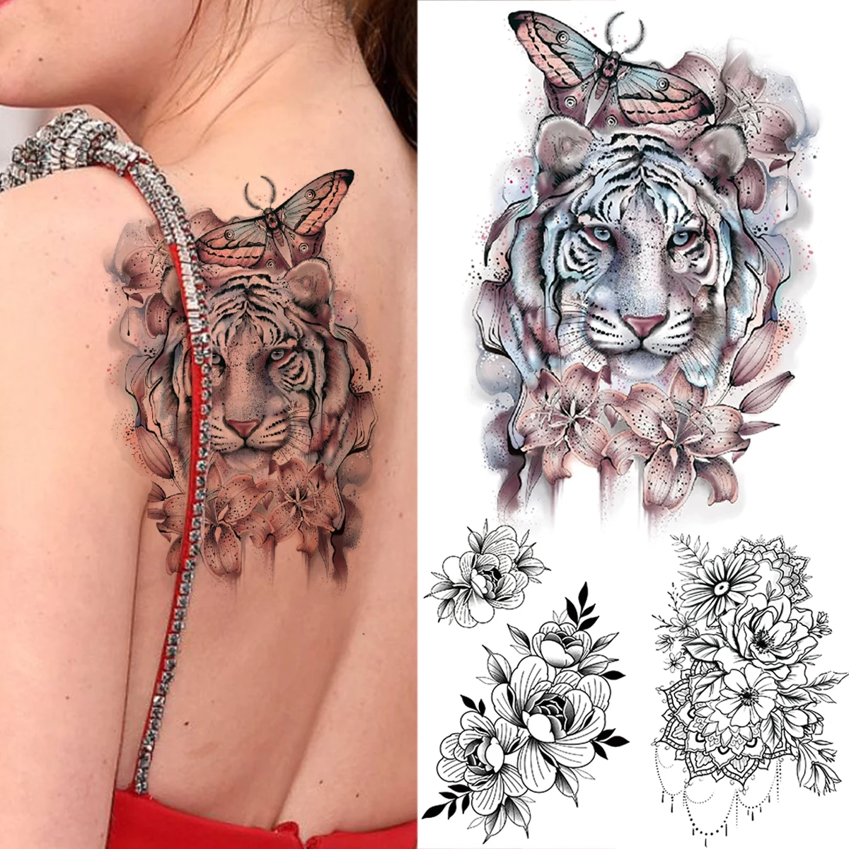 Tatouage Tigre Femme Dos Tatouage Temporaire Papillon Tigre 3d Pour Femmes, Autocollant, Faux, Sexy,  Pour La Poitrine Et Le Dos, Avec Fleur De Lys, Pour Fille - Temporaire  Tatouages - AliExpress