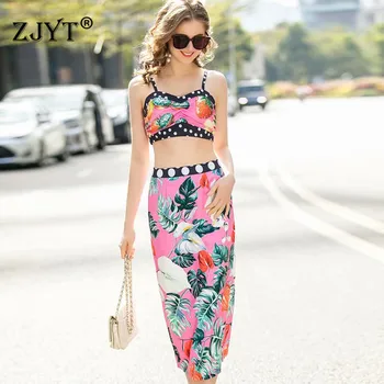 

2020 Summer Style Runway Fashion Boho Beach Set Women New Printing Sexy Strap Crop Top and Pencil Skirt 2Piece Set Lady Outfits