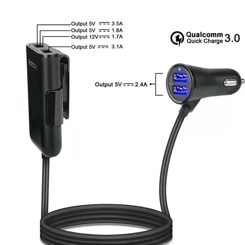 4 USB Автомобильное зарядное устройство с линией многофункциональное переднее заднее сиденье адаптер QC3.0 автомобильное USB быстрое зарядное устройство для iPhone samsung Xiaomi huawei