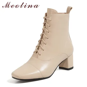 

Meotina Ankle Boots Women Shoes Real Leather High Heel Short Boots Square Toe Thick Heels Lace Up Boots Lady Autumn Winter 40