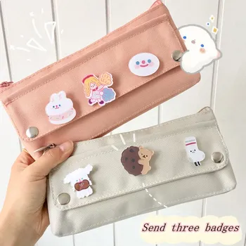 

2020 New Cute Badge Pencil Bag Canvas Multifunctional Large Capacity Pencil Case Stationery School Student Pen Bag Pins Supplies
