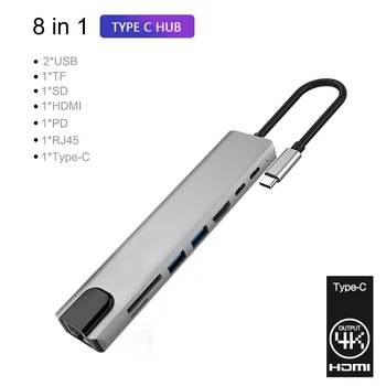 

8 in 1 USB C Hub Type-C to 4K HDMI RJ45 USB 3.0 Docking Station TF Card Reader PD Charging Adapter Expander For Laptop PC