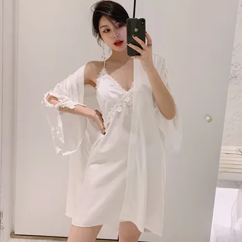 

Women's Sexy Lace Nightgrowns 2Pcs Silk Fabric Set Pyjamas Nightie Sleepwear сорочка женская ночная