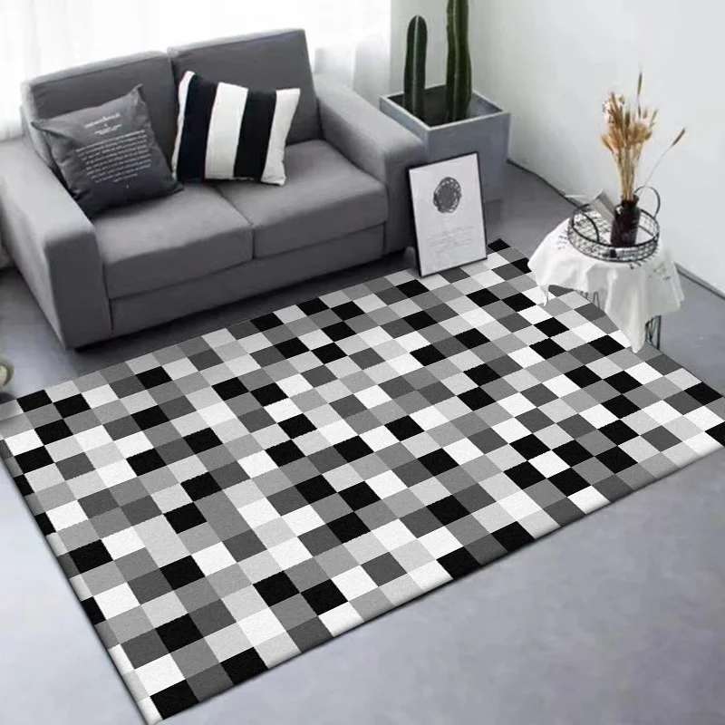 

Black white gray Geometric small square pattern living room floor mat bedroom plush rug bathroom non-slip door mat customize rug