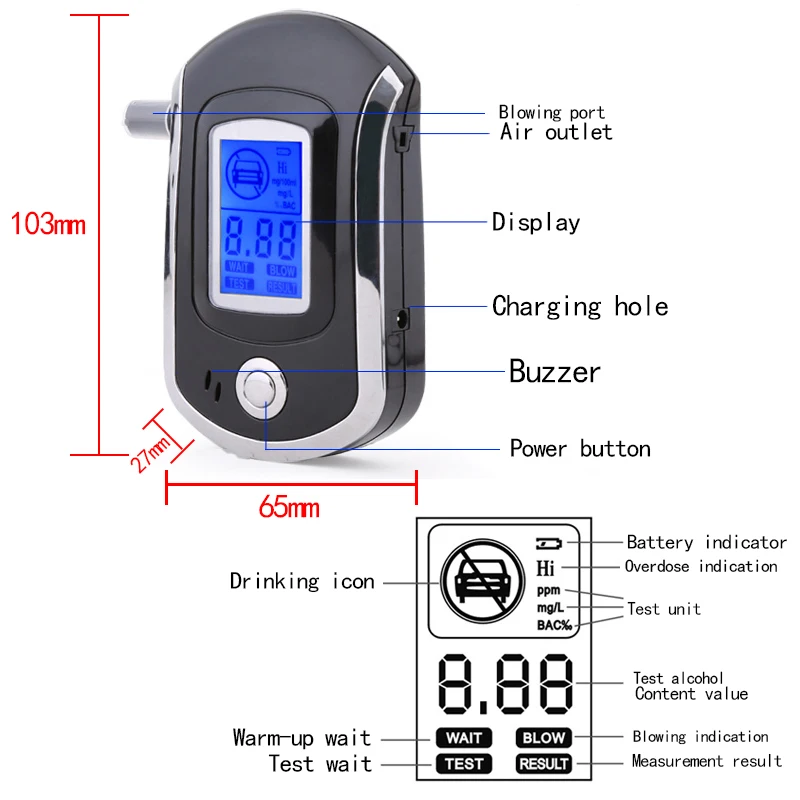 Цифровой алкотестер, алкотестер, профессиональный детектор, Алкотестер с ЖК-дисплеем