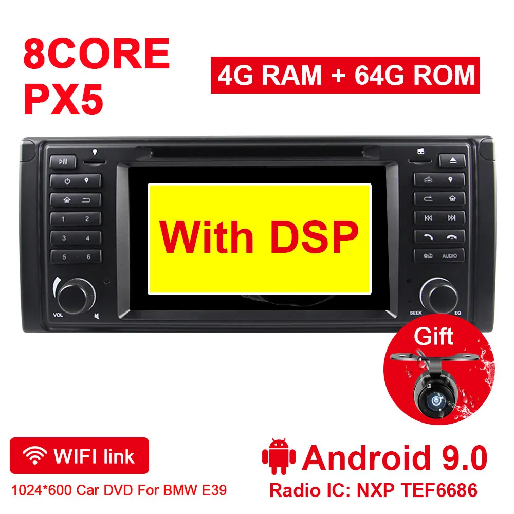 Eunavi 1 din Android 9 автомобильный DVD для BMW E39 1996-2003 E53 X5 gps Мультимедиа Радио стерео плеер DSP wifi 4 Гб 64 Гб головное устройство 8 ядер - Цвет: PX5 4G 64G DSP