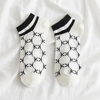 

Women Spring Striped Cuff Embroidered Summer Ankle Socks Girls White Short Crew Socks Solid Letter Embroidery Cotton Sport Socks