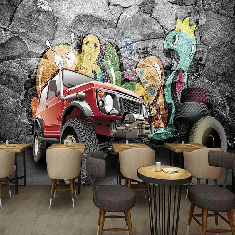 Custom Mural Wallpaper Personality Trend Road Vehicle Retro Graffiti Fresco KTV Bar 3D Background Wall Self-Adhesive Sticker Art