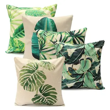 

45X45CM Home Pillowcase Green Leaves Monstera Cushion Covers Hibiscus Flower Cushion Cover Decorative Beige Linen Pillow Case