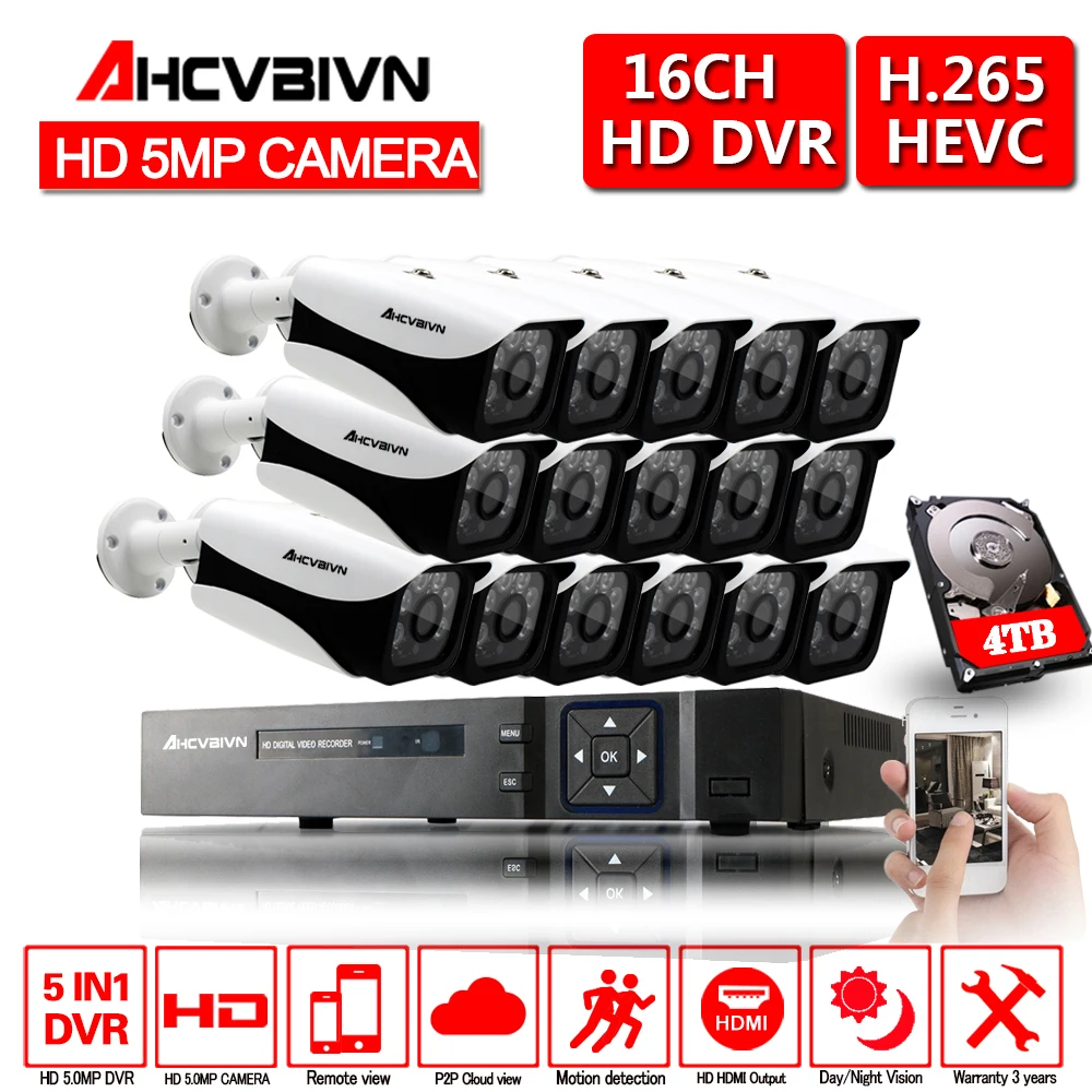 5MP CCTV система 16CH DVR комплект 16 шт 5MP Низкая освещенность камеры Металл водонепроницаемый открытый Крытый HD CCTV камера Система дистанционного просмотра