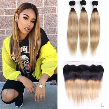 

BOBBI COLLECTION Human Hair Bundles with Frontal 13x4 Ear to Ear Lace Frontal 1B 27 Honey Blonde Indian Straight Non-Remy Hair